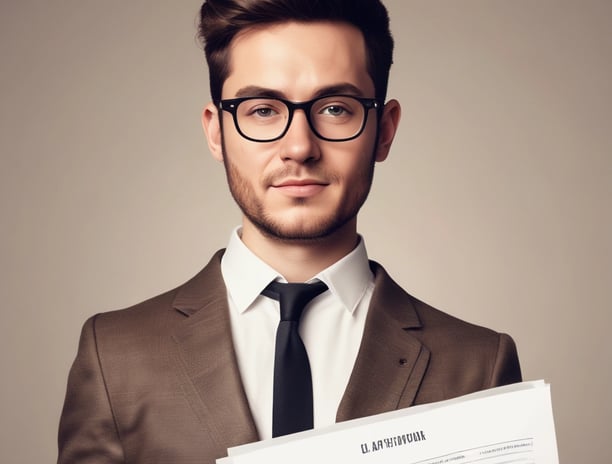 A person is holding a resume in front of them while sitting at a white table. Another person, slightly blurred, is seated across the table. The resume has a blue header with the name and title 'Lauren Chen, Digital Marketing Specialist'. Sections visible include contact information, education, and professional experience.