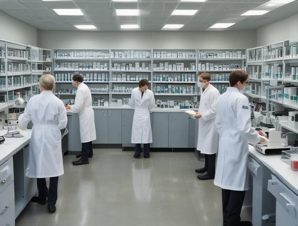 A laboratory setting featuring a conveyor belt with several test tubes placed upright in holders. The tubes are arranged in a line and have labels with barcodes. The lighting creates a cool blue tone across the surface, suggesting a sterile and clean environment.