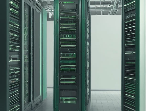 A visualization of a data storage system featuring a main server unit connected to a series of cylindrical storage units. The server has multiple horizontal rows, each with indicators. The background is black, providing a strong contrast to the metallic and green tones of the server and storage units.