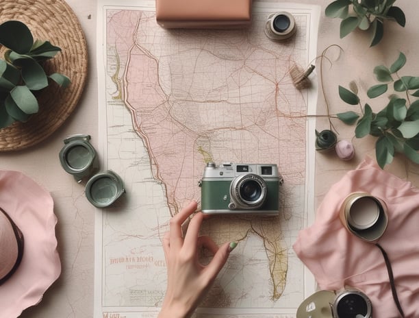 A collection of travel essentials sits on a detailed map. A vintage camera in a brown leather case rests near a smartphone displaying Cyrillic text. Next to it, a large white travel tumbler marked 'Journal' stands beside several electronic gadgets, including a portable music player, an external hard drive, and a set of coiled cables. A pack of color film and a blue notebook complete the setup.