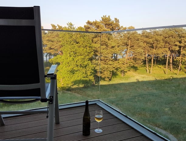 blick vom balkon des strand aparments auf die dünenlandschaft, kiefern, die ostsee