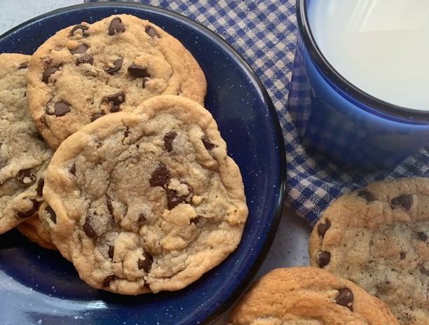 deliciously chocolate chocolate chip cookies with a glass of milk