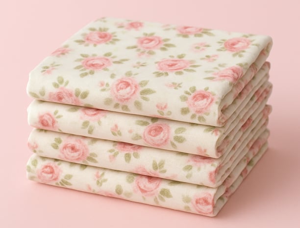 A neatly stacked bundle of folded cotton fabric with a pink rose print on a cream background, displa