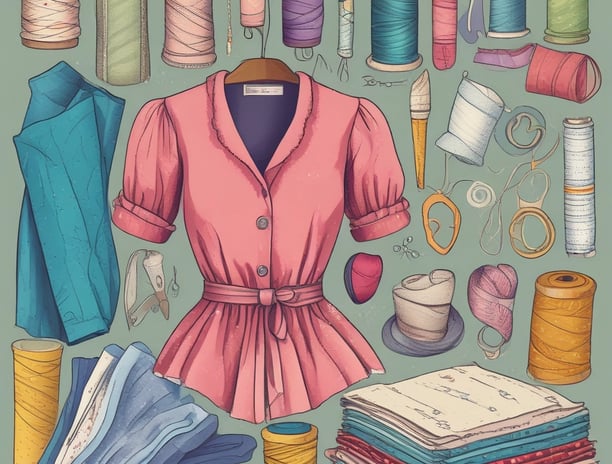 An image of a sewn pink top with fabric, spools of thread in different colors, and notions.