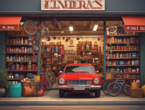 A storefront illuminated at night displays signage in Cyrillic, suggesting an automotive-related shop. The interior is brightly lit, showcasing shelves stocked with various automotive products and accessories. A car is parked in front of the glass window.