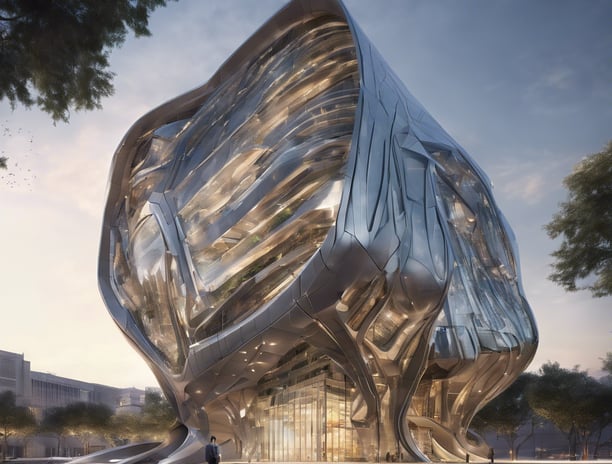 A futuristic building with a large, curved glass and metal structure, featuring geometric patterns and reflective surfaces. The architecture is innovative and modern, with clean lines and an expansive shape.