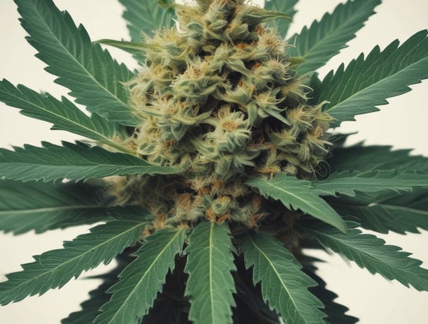 A cannabis bud lying on a white circular lid with text around the edge, placed on a wooden surface.
