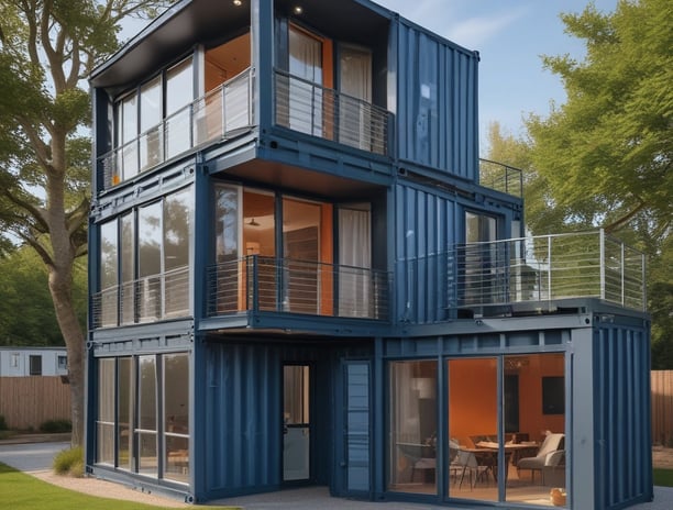 A uniquely designed building composed of stacked, colorful modular units resembling traditional Dutch houses. The architecture features multiple roof styles and windows, adding to the eclectic appearance. The sky is clear with a warm, soft light illuminating the structure.