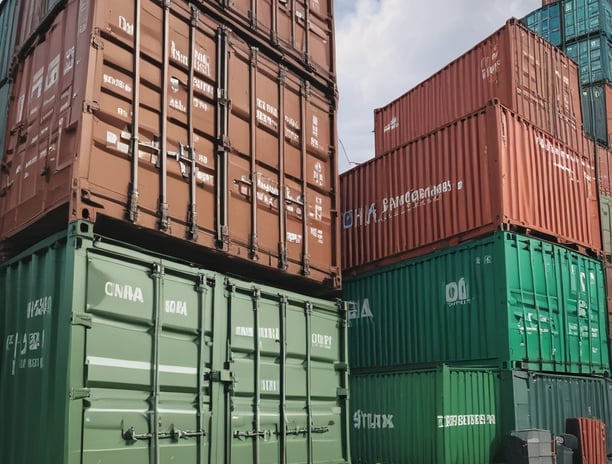 Several stacked shipping containers, predominantly showcasing the brands 'CMA CGM' on blue containers and 'EVERGREEN' on green containers. Below the containers is a blue and white sign with Asian characters.