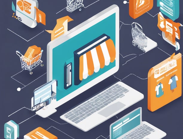 a laptop computer and a laptop with a shopping carton