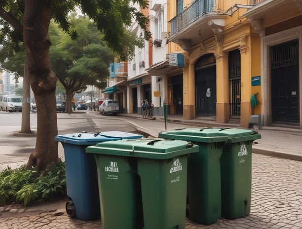 A blue dumpster with weathered paint and the words 'Fatin Soe Lixo' is situated on a street adjacent to a parked vehicle labeled 'HW Lifestyle.' The setting includes lush green trees providing shade over the street, while a pedestrian area with benches is visible in the background.