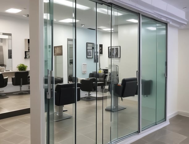 A large grid of frosted glass windows with a dark frame. The glass is slightly foggy or dirty, allowing limited visibility through it. Soft, diffused light filters in through the windows, creating a muted atmosphere. A black metal railing with a decorative swirl is partially visible in the lower left corner.