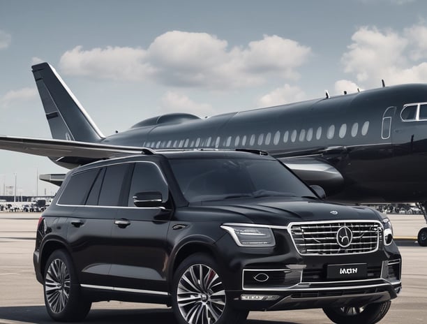 A sleek, luxurious black car with shiny chrome details is parked indoors. The vehicle features a prominent front grille and distinctive headlights. There are other cars present in the background, suggesting a showroom or garage setting. The tiled floor and wall art add to the upscale ambiance.