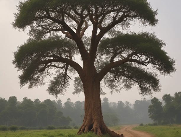 A young evergreen tree is growing in a forest environment. The ground is covered with dry leaves and small patches of moss, providing a natural setting. In the background, a large rock partially covered with moss is visible, enhancing the natural and serene atmosphere.