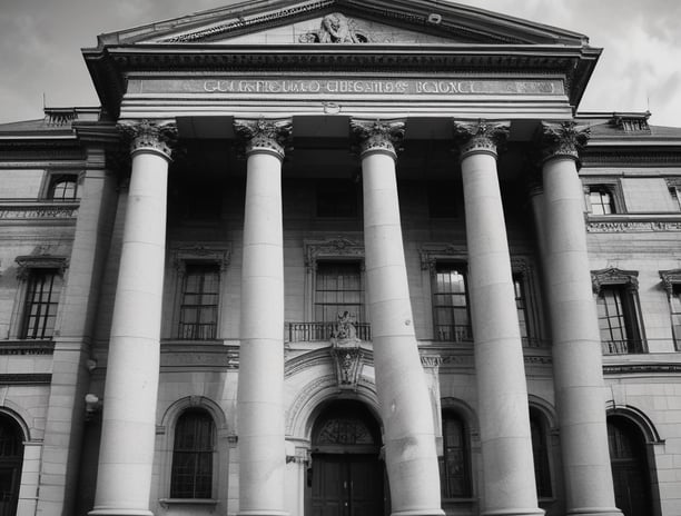 A group of people stands on a grassy lawn. In the center, a couple is dressed in formal wedding attire. Surrounding them are six individuals on the left, dressed in various shades of pink, red, and purple dresses, and five individuals on the right, wearing matching blue suits and red ties. The background features a rural landscape with rolling fields and a few trees.