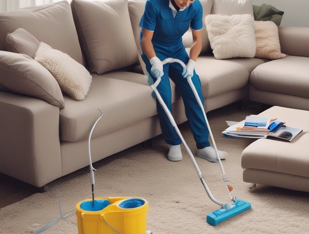 A person is seen cleaning a beige leather sofa with a yellow cloth. The individual is wearing a plaid shirt and a watch. The background includes a beige couch with cushions and a plant, indicating a living room setting.