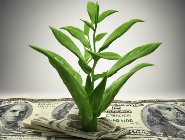 a plant growing out of 100 dollar bills