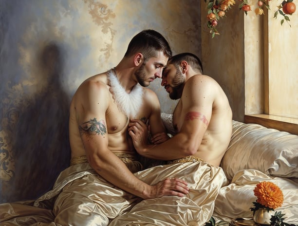 two men sitting on a bed