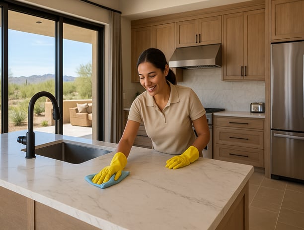 Deep cleaning service by Dust Be Gone professional cleaning luxury kitchen countertops in Scottsdale