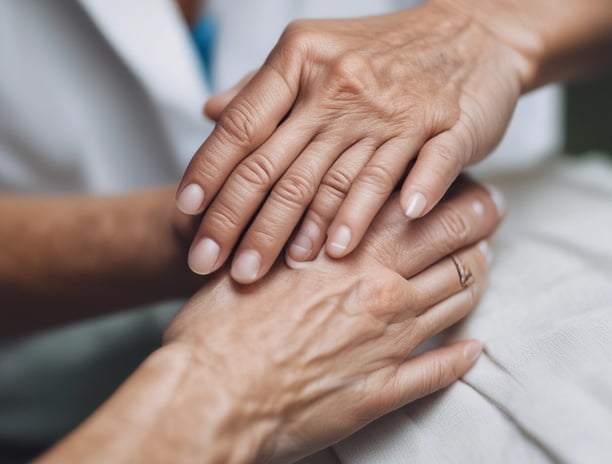 An elderly hand gently rests on top of another, creating a sense of care and companionship. The nails are neatly manicured with a pale color. The background is softly blurred, suggesting an intimate and personal setting.