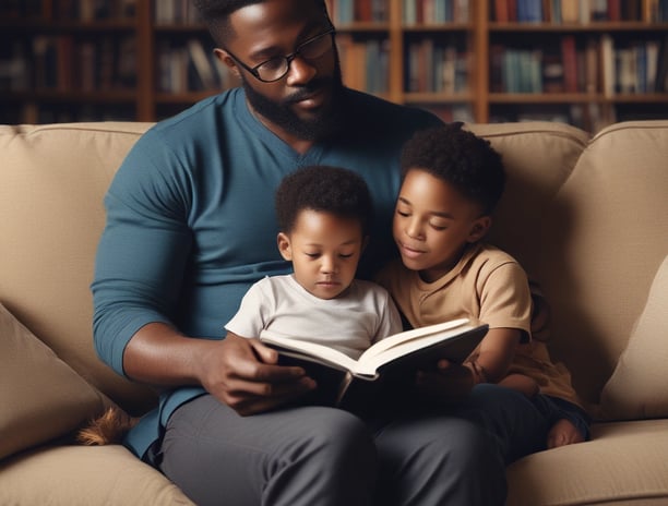 Five young children appear to be reading from various colorful books with illustrations on the covers. The children are seated closely together, engrossed in their books. Each child has distinct hair color and expression, contributing to a playful and whimsical atmosphere.