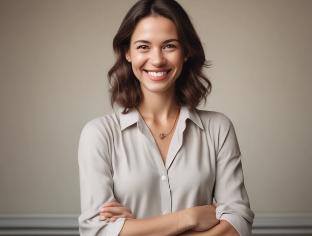 A woman with shoulder-length hair and a confident expression is wearing a black, open-knit sweater with cream detailing over a blue top. She poses with her hands on her hips. Her jeans are light blue, and she wears white shoes. The background features a vivid circular frame in shades of green, blue, and yellow, and a purple striped pattern on the floor.