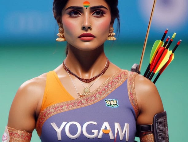 a woman in a yoga outfit with a bow and arrows