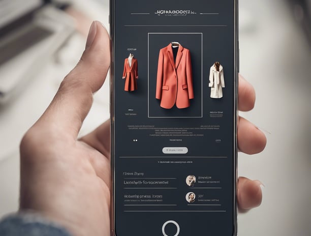 A smartphone displaying a fashion browsing interface. The screen shows images of models wearing designer clothing, with names like Oscar de la Renta and Roland Mouret prominently displayed. The phone is placed on a wooden table.