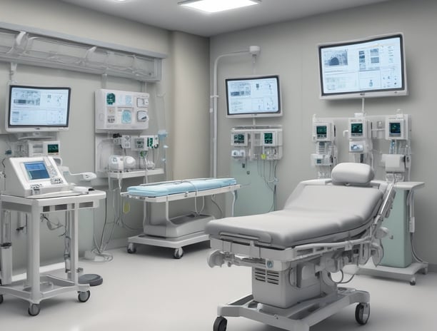 Medical equipment is neatly mounted on a white wall, including an otoscope, an ophthalmoscope, a sphygmomanometer, and a thermometer. The layout suggests a clinical setting likely intended for patient examination.