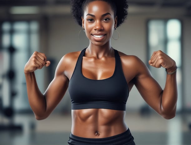 A woman with curly black hair is wearing a dark athletic outfit, including a sports bra and shorts, and holding a kettlebell. The background is completely black, emphasizing her muscular physique.