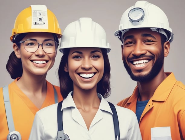 Four workers are engaged in an industrial setting, possibly an oil rig or construction site. They are wearing protective clothing and helmets, surrounded by heavy machinery and equipment. The environment suggests manual labor and teamwork.