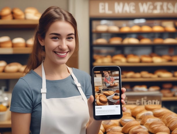 The focus is on a computer screen displaying an online store featuring T-shirts with various graphic designs. The left side of the image is blurred, showing indistinct colors and shapes, possibly a menu or food items.