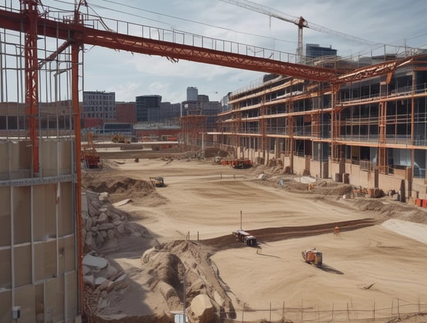A bustling construction site surrounded by greenery, with metal beams and columns in various stages of assembly. Two large cranes, one black and another orange, are positioned prominently, aiding in the construction efforts. In the background, a residential building with red and white patterns is visible beyond a line of trees.