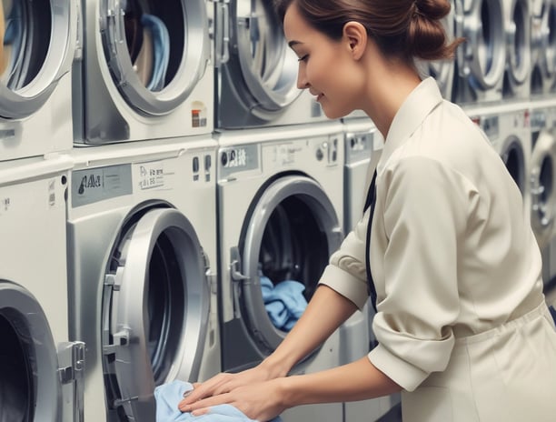 A storefront for a dry cleaning business with large glass windows displaying various signs and clothing racks with garments hung inside. The signage includes 'Nashville's Shirts Laundered' and services like spotting, drapery, silk and wool care. The central window features a colorful poster of a man and woman labeled 'Dry Cleaners.' An American flag is visible in the reflection on the glass.