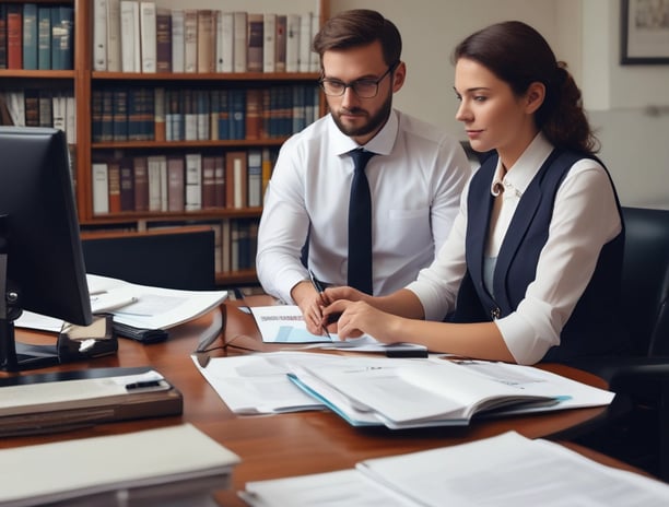 A professional consultation setting with a medical professional sitting at a desk facing a client. The room has a modern aesthetic with white walls decorated with framed certificates. The desk is organized with office supplies, a laptop, and a fruit bowl in the center.