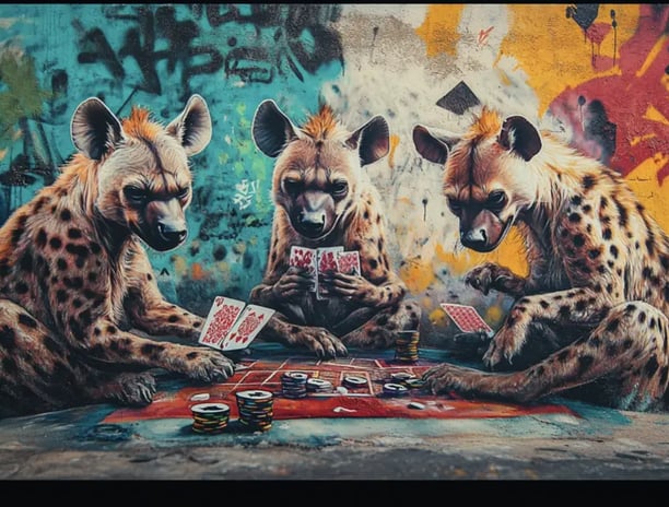 three hyenas playing cards in front of a graffiti style wall