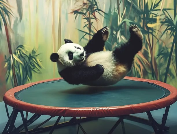 panda bear bouncing on a trampoline