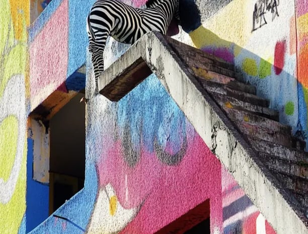 a zebra is standing on a ledge of a colourful graffiti building