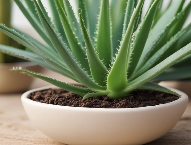 Close-up of vibrant green aloe vera plants with dew-like water droplets clinging to the surface of the thick, fleshy leaves. The plants are situated in a black pot filled with brown soil and pieces of bark.