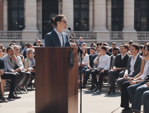 A person is speaking on a stage, likely giving a presentation. They are gesturing with one hand and are possibly emphasizing a point. Behind them is a large screen displaying partial text that appears to discuss social media.