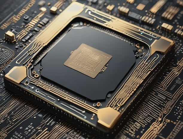 A 3D rendering of a microchip with the letters 'AI' prominently displayed on its surface, set on a d