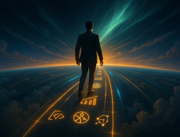 Futuristic dashboard displaying HBI Ecosystem’s core platforms: trade, AI, blockchain, and digital tools