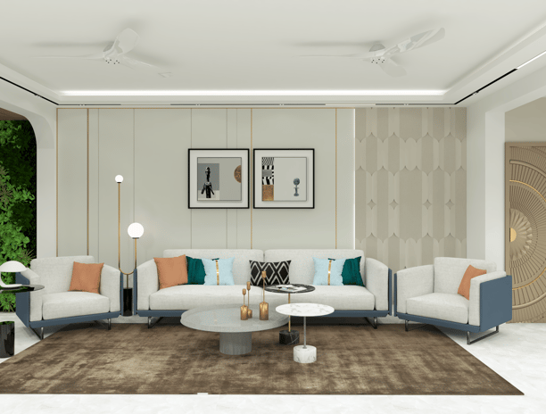 Elegant living room design with custom furniture and lighting for flat in Noida