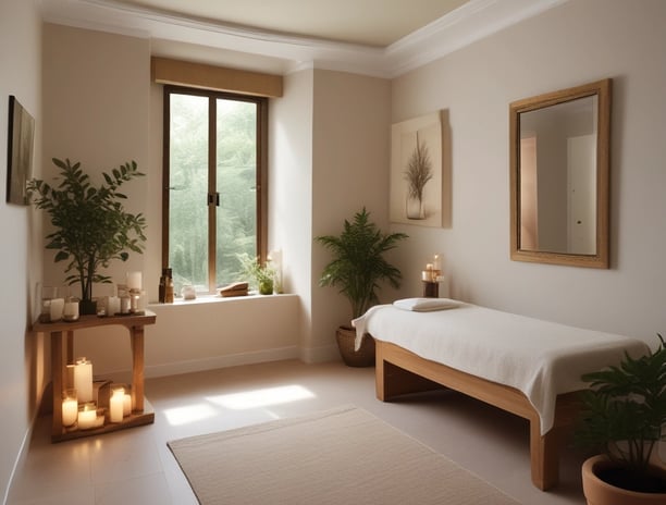The scene features the entrance of a spa with red-brown tiled walls. There is greenery in the form of potted plants, adding a touch of nature to the setting. A sign reads 'LOESS SPA' with additional information in smaller text. Stylish elements like the gold emblem and minimalist decor create an elegant atmosphere.