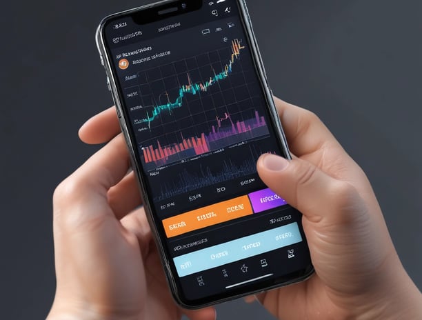 A person is holding a smartphone displaying a financial trading app. The screen shows a candlestick chart with various trading metrics, including the current price, percentage changes, and buttons for different actions. The person's hands are visible, and a black background accentuates the smartphone screen.