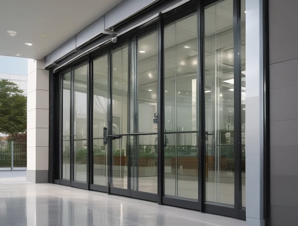 Several glass doors, likely part of a building entrance or exit, display circular blue signs with upward-facing arrows. The doors are slightly open, revealing a partial view through them to the other side. There are reflections on the glass panels of the surrounding environment, including a building and some pavement. The scene has an industrial and urban feel.