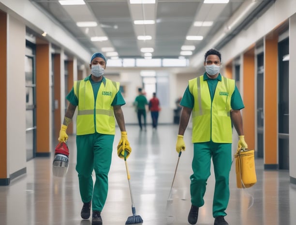 Two-person crew walking into a facility with gear, looking confident.