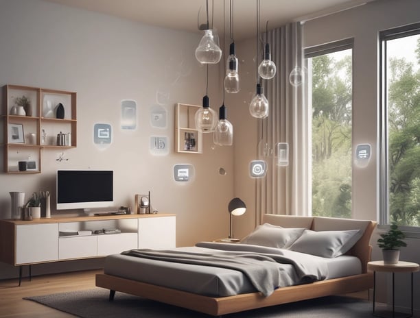 A variety of smart home devices are arranged on a flat surface, including sensors, plugs, and hubs. The devices are mostly black and white, with some showing LED indicators and branding. The background is a muted gray, emphasizing the sleek and modern design of the gadgets.