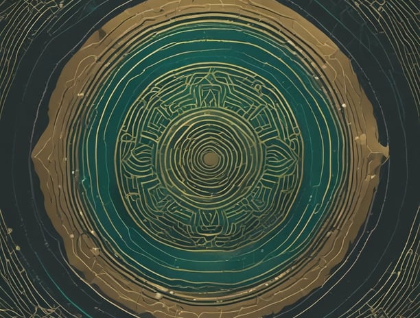 stylized, green geometric logo resembling overlapping lines forms the central focus. Below the displayed in a golden hue. The background features a pattern of concentric, reflective circles with a teal tint on a dark surface.