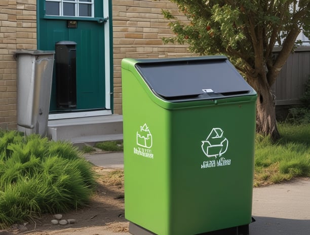 A robotic outdoor sweeper is positioned on a wooden deck surrounded by lush green trees. The machine is labeled with #ROBOCLEANING and appears to be designed for outdoor maintenance.